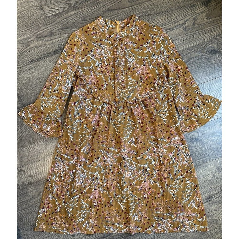 EUC Womens Mu Yi 3/4 sleeve floral flowy dress Ruffle‎ Boho cottage lined size S